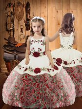 Trendy Sleeveless Fabric With Rolling Flowers Floor Length Lace Up Child Pageant Dress in Multi-color with Embroidery and Ruffles