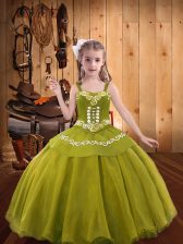  Olive Green Sleeveless Embroidery and Ruffles Floor Length Child Pageant Dress