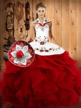  Wine Red Satin and Organza Lace Up Halter Top Sleeveless Floor Length Quinceanera Gown Embroidery and Ruffles