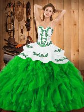 Elegant Green Quinceanera Gowns Military Ball and Sweet 16 and Quinceanera with Embroidery and Ruffles Strapless Sleeveless Lace Up