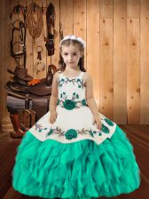 Aqua Blue Sleeveless Embroidery and Ruffles Floor Length Winning Pageant Gowns