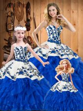 Traditional Blue Ball Gowns Satin and Organza Sweetheart Sleeveless Embroidery and Ruffles Floor Length Lace Up Vestidos de Quinceanera