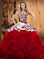 Sumptuous Sleeveless Satin and Organza Floor Length Lace Up Sweet 16 Dress in Wine Red with Embroidery and Ruffles