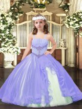 Sweet Ball Gowns Pageant Gowns For Girls Lavender Straps Tulle Sleeveless Floor Length Lace Up