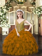 Latest Brown Organza Lace Up V-neck Sleeveless Floor Length Pageant Dress for Teens Beading and Ruffles