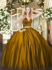 Fantastic Sleeveless Satin Floor Length Zipper Quinceanera Dresses in Brown with Ruching