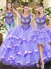 Extravagant Lavender Ball Gowns Tulle Scoop Sleeveless Beading and Ruffled Layers Floor Length Lace Up Quinceanera Dress