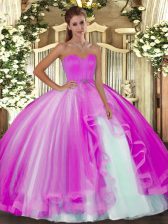  Fuchsia Tulle Lace Up Sweetheart Sleeveless Floor Length Sweet 16 Dresses Beading