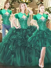 Modest Dark Green Sweetheart Lace Up Beading and Ruffles Quinceanera Gown Sleeveless