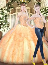 Sophisticated Ball Gowns 15 Quinceanera Dress Gold Off The Shoulder Organza Sleeveless Floor Length Lace Up