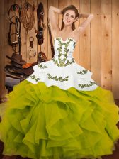 Artistic Olive Green Ball Gowns Strapless Sleeveless Satin and Organza Floor Length Lace Up Embroidery and Ruffles Sweet 16 Quinceanera Dress