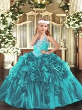 Stylish Teal Little Girls Pageant Gowns Party and Quinceanera with Beading and Ruffles V-neck Sleeveless Lace Up