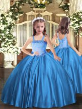 Inexpensive Floor Length Baby Blue Little Girl Pageant Gowns Straps Sleeveless Lace Up