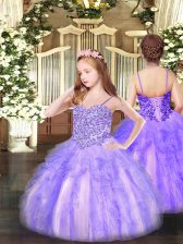  Organza Spaghetti Straps Sleeveless Lace Up Appliques and Ruffles Pageant Dress Womens in Lavender