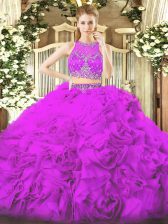  Lilac Fabric With Rolling Flowers Zipper Scoop Sleeveless Floor Length Vestidos de Quinceanera Beading
