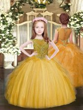 Stunning Tulle Scoop Sleeveless Zipper Beading and Ruffles Pageant Gowns For Girls in Gold