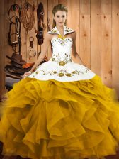  Sleeveless Floor Length Embroidery and Ruffles Lace Up 15th Birthday Dress with Gold