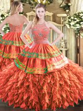 Flirting Floor Length Zipper Sweet 16 Dress Rust Red for Military Ball and Sweet 16 and Quinceanera with Beading and Ruffles and Sequins
