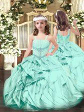  Apple Green Ball Gowns Beading and Ruffles Pageant Dress for Womens Lace Up Organza Sleeveless Floor Length