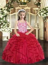 Elegant Coral Red Tulle Lace Up Straps Sleeveless Floor Length Child Pageant Dress Beading and Ruffles