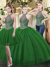 Exceptional High-neck Sleeveless Tulle 15 Quinceanera Dress Beading Lace Up