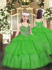 Trendy Green Pageant Dress for Teens Party and Quinceanera with Beading and Ruffled Layers Straps Sleeveless Lace Up
