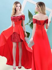  Red Lace Up Prom Party Dress Beading Short Sleeves High Low