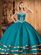 Fashion Teal Organza Lace Up Sweetheart Sleeveless Floor Length Quinceanera Dresses Embroidery