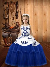  Blue Tulle Lace Up Straps Sleeveless Floor Length Child Pageant Dress Embroidery