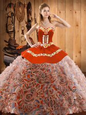 Custom Designed Multi-color Ball Gowns Embroidery Sweet 16 Quinceanera Dress Lace Up Satin and Fabric With Rolling Flowers Sleeveless With Train