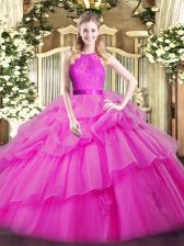 Exceptional Lace and Ruffled Layers Ball Gown Prom Dress Fuchsia Zipper Sleeveless Floor Length