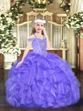 Custom Fit Lavender Off The Shoulder Lace Up Beading and Ruffles Little Girls Pageant Dress Wholesale Sleeveless