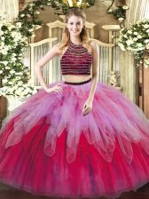 Chic Multi-color Tulle Lace Up Halter Top Sleeveless Floor Length Quinceanera Gowns Beading and Ruffles