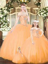 Unique Orange Ball Gowns Tulle Off The Shoulder Sleeveless Beading Floor Length Lace Up Quinceanera Gowns