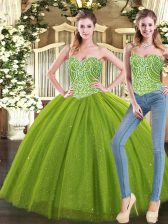  Floor Length Olive Green Quince Ball Gowns Tulle Sleeveless Beading