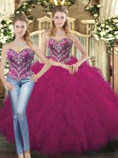  Fuchsia Lace Up Sweetheart Beading and Ruffles Sweet 16 Dress Organza Sleeveless