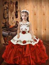 Floor Length Lace Up Evening Gowns Red for Sweet 16 and Quinceanera with Ruffles