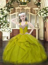 Inexpensive Sleeveless Organza Floor Length Lace Up Kids Formal Wear in Olive Green with Beading and Ruffles