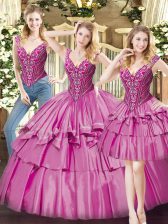  Fuchsia V-neck Lace Up Beading and Ruffled Layers 15th Birthday Dress Sleeveless