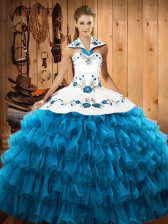  Teal Lace Up 15th Birthday Dress Embroidery and Ruffled Layers Sleeveless Floor Length