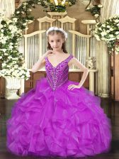 New Arrival Purple Lace Up V-neck Beading and Ruffles Pageant Dress for Womens Organza Sleeveless