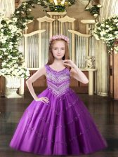  Lilac Scoop Neckline Beading Pageant Dress Womens Sleeveless Lace Up