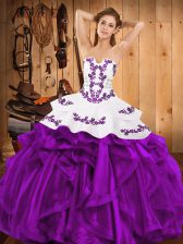 Eggplant Purple Ball Gowns Strapless Sleeveless Satin and Organza Floor Length Lace Up Embroidery and Ruffles Sweet 16 Quinceanera Dress
