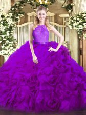  Sleeveless Floor Length Lace Zipper Quinceanera Dresses with Eggplant Purple