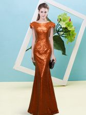  Rust Red Zipper Evening Dress Sequins Cap Sleeves Floor Length