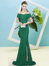 Glittering Dark Green Short Sleeves Sequins Zipper Evening Dress