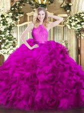 Fuchsia Sleeveless Floor Length Lace Zipper Quinceanera Dress