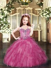 Stunning Sleeveless Tulle Floor Length Lace Up Pageant Dress Wholesale in Hot Pink with Beading and Ruffles