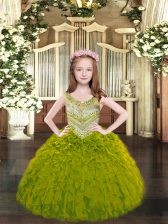  Beading and Ruffles Little Girl Pageant Gowns Olive Green Lace Up Sleeveless Floor Length