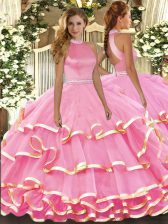 Free and Easy Halter Top Sleeveless Ball Gown Prom Dress Floor Length Beading and Ruffled Layers Watermelon Red Organza